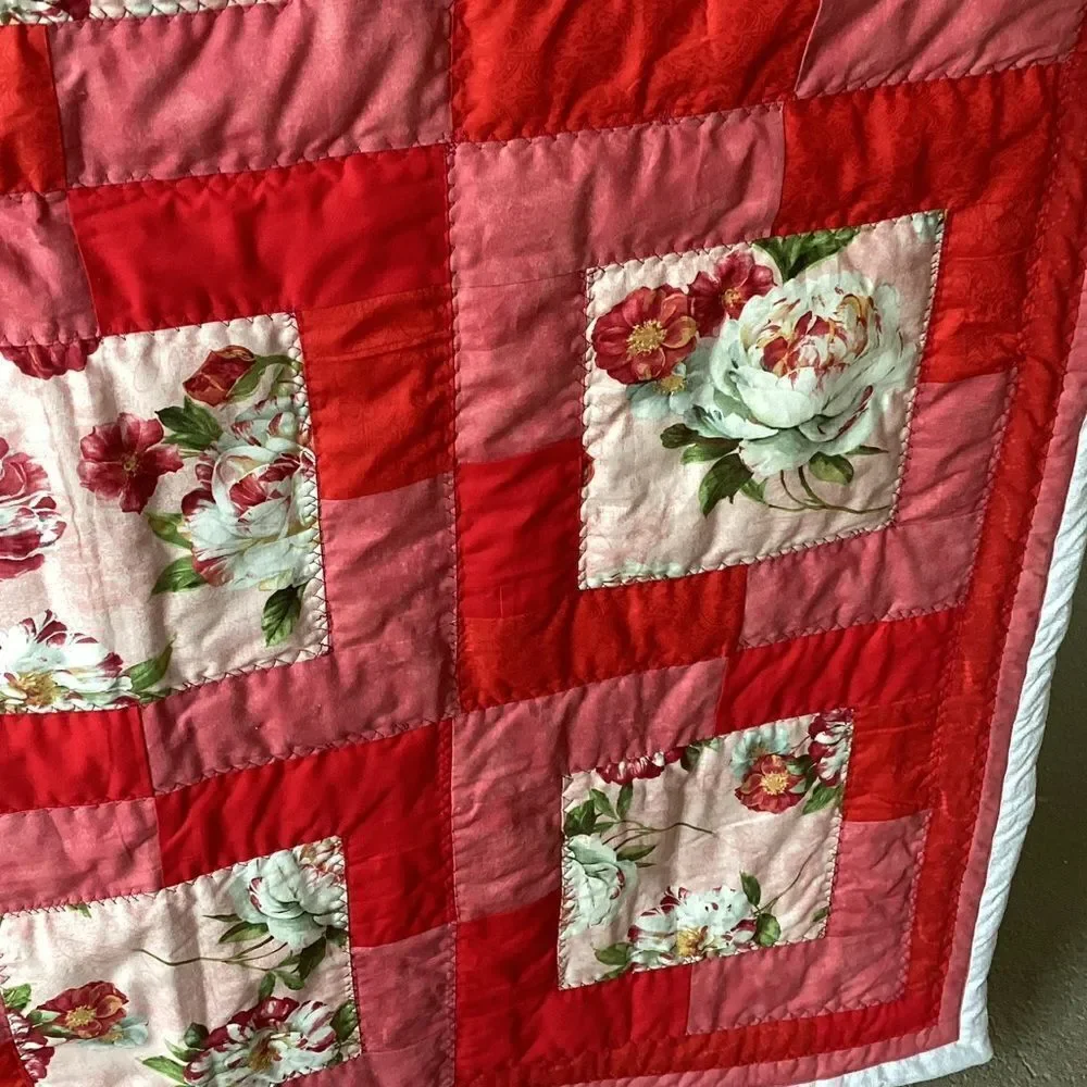 NWT. Floral Red and Pink Peonies Hand Crafted Quilt